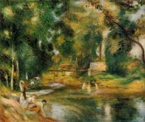 Essoyes Landscape - Washerwoman and Bathers by Pierre-Auguste Renoir Oil Painting
