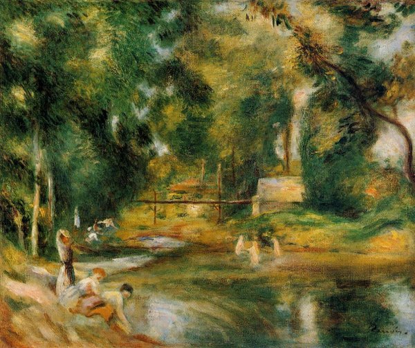 Main Product Photo of Essoyes Landscape - Washerwoman and Bathers Painting by Pierre-Auguste Renoir