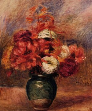Flowers in a Green Vase - Dahlilas and Asters by Pierre-Auguste Renoir Oil Painting