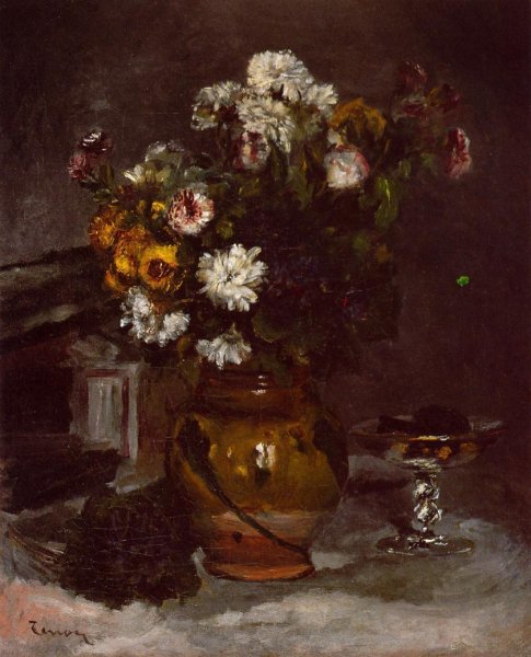 Flowers in a Vase and a Glass of Champagne by Pierre-Auguste Renoir - Hand-Painted Oil Painting Reproduction