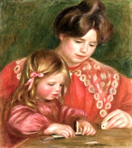 Gabrielle and Coco Playing Dominos by Pierre-Auguste Renoir - Hand-Painted Oil Painting Reproduction
