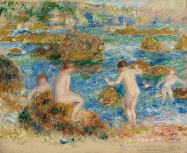 Garcons Nus Dans Les Rochers a Guernsey  by Pierre-Auguste Renoir - Hand-Painted Oil Painting Reproduction