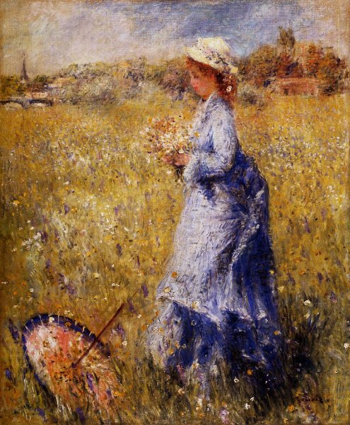 Girl Gathering Flowers by Pierre-Auguste Renoir - Hand-Painted Oil Painting Reproduction
