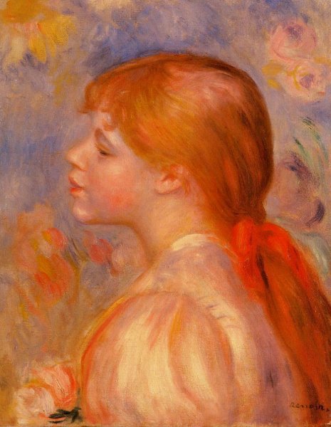 Girl with a Red Hair Ribbon by Pierre-Auguste Renoir - Hand-Painted Oil Painting Reproduction