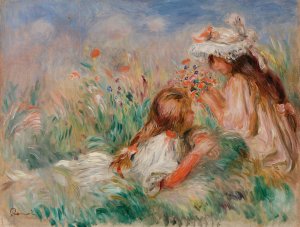 Girls in the Grass Arranging a Bouquet by Pierre-Auguste Renoir Oil Painting