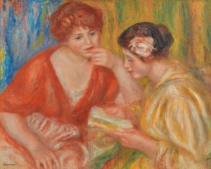La Lecture, Deux Femmes Aux Corsages Rouge Et Rose by Pierre-Auguste Renoir Oil Painting