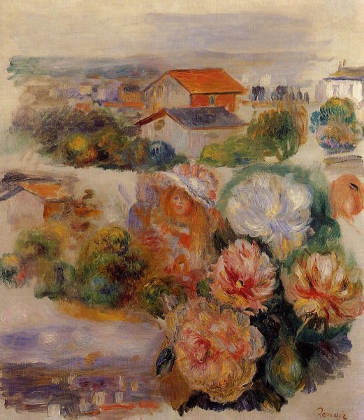 Landscape, Flowers and Little Girl by Pierre-Auguste Renoir - Hand-Painted Oil Painting Reproduction