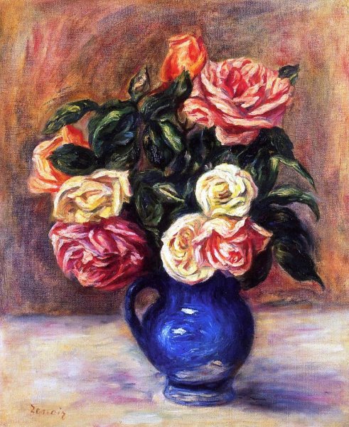 Roses in a Blue Vase II by Pierre-Auguste Renoir - Hand-Painted Oil Painting Reproduction