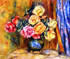 Roses with Blue Curtain by Pierre-Auguste Renoir - Oil Painting Reproduction