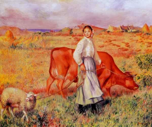 Shepherdess, Cow and Ewe by Pierre-Auguste Renoir - Oil Painting Reproduction