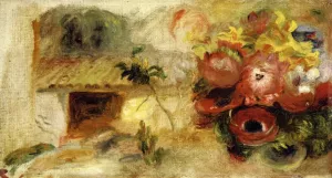 Small House, Buttercups and Diverse Flowers Study by Pierre-Auguste Renoir - Oil Painting Reproduction