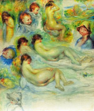 Studies of Pierre Renoir; His Mother, Aline Charicot, Nudes and Landscape by Pierre-Auguste Renoir Oil Painting