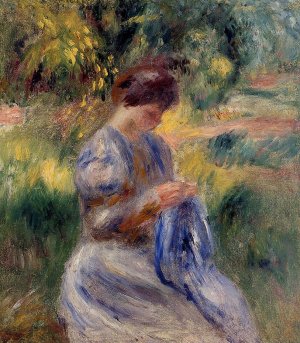 The Embroiderer also known as Woman Embroidering in a Garden by Pierre-Auguste Renoir Oil Painting