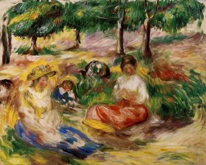 Three Young Girls Sitting in the Grass by Pierre-Auguste Renoir Oil Painting