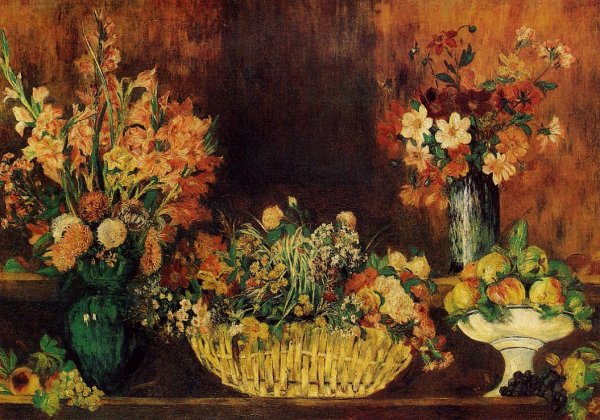 Vase, Basket of Flowers and Fruit by Pierre-Auguste Renoir - Hand-Painted Oil Painting Reproduction