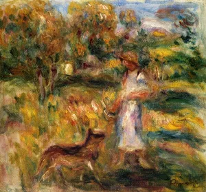 Woman in Blue and Zaza in a Landscape by Pierre-Auguste Renoir - Oil Painting Reproduction