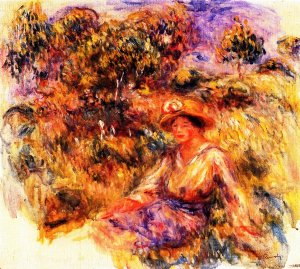 Woman in Blue with a Hat Sitting on the Lawn by Pierre-Auguste Renoir Oil Painting