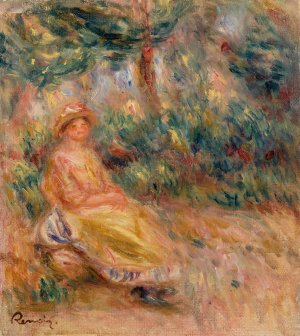 Woman in Pink and Yellow in a Landscape by Pierre-Auguste Renoir Oil Painting
