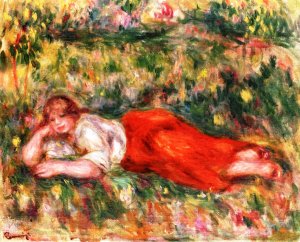 Woman in Red and White Lying on the Grass by Pierre-Auguste Renoir Oil Painting