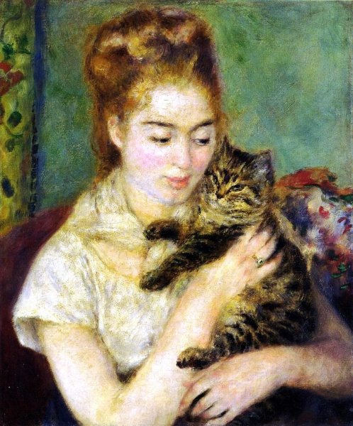 Main Product Photo of Woman with a Cat Painting by Pierre-Auguste Renoir