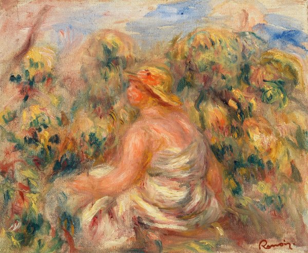 Woman with Hat in a Landscape  by Pierre-Auguste Renoir - Hand-Painted Oil Painting Reproduction
