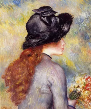 Young Girl Holding a Bouquet of Tulips painting by Pierre-Auguste Renoir