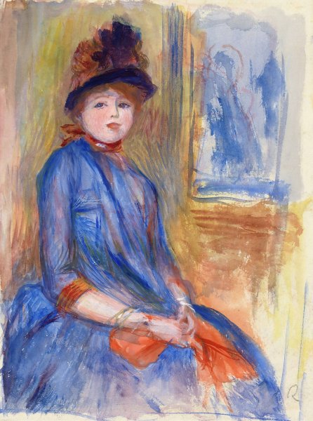Young Girl in a Blue Dress  by Pierre-Auguste Renoir - Hand-Painted Oil Painting Reproduction