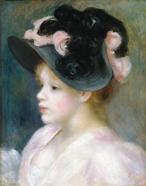 Young Girl in a Pink-and-Black Hat Oil painting by Pierre-Auguste Renoir