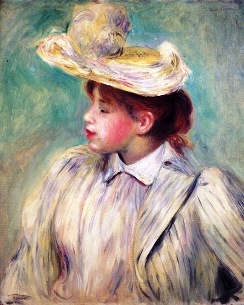 Young Girl in a Straw Hat 2 by Pierre-Auguste Renoir - Hand-Painted Oil Painting Reproduction