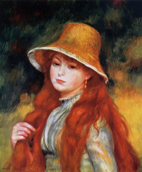 Main Product Photo of Young Girl in a Straw Hat Painting by Pierre-Auguste Renoir