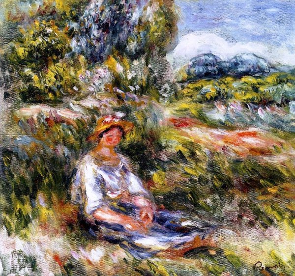 Young Girl Seated in a Meadow by Pierre-Auguste Renoir - Hand-Painted Oil Painting Reproduction