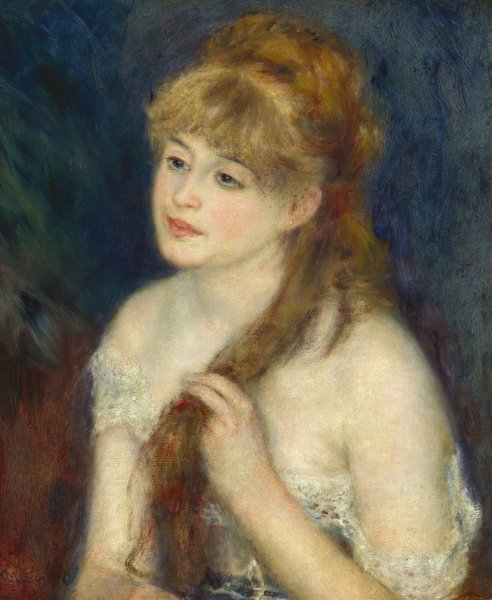Young Woman Braiding Her Hair  by Pierre-Auguste Renoir - Hand-Painted Oil Painting Reproduction
