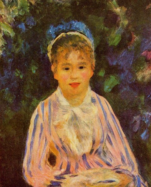Young Woman in a Blue and Pink Striped Shirt by Pierre-Auguste Renoir - Hand-Painted Oil Painting Reproduction