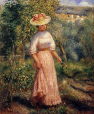 Young Woman in Red in the Fields by Pierre-Auguste Renoir Oil Painting