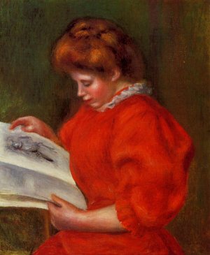 Young Woman Looking at a Print by Pierre-Auguste Renoir Oil Painting