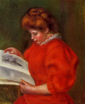 Young Woman Looking at a Print painting by Pierre-Auguste Renoir