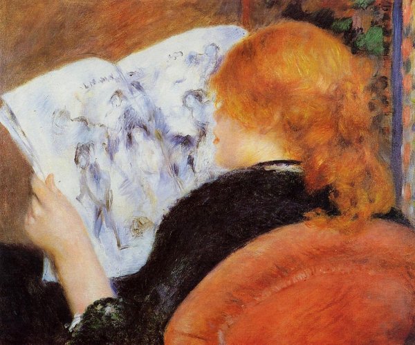 Young Woman Reading an Illustrated Journal by Pierre-Auguste Renoir - Hand-Painted Oil Painting Reproduction