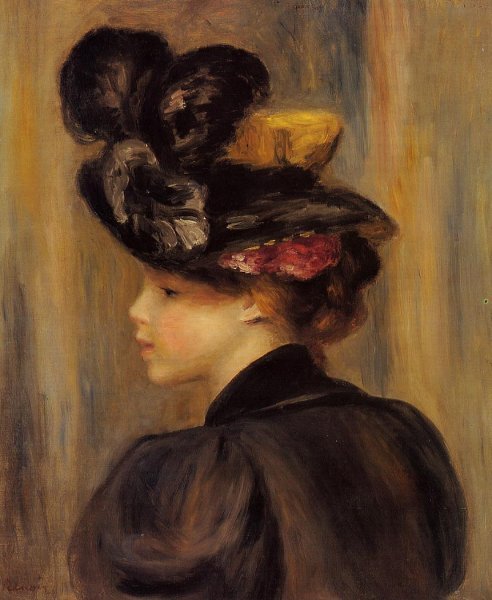 Young Woman Wearing a Black Hat by Pierre-Auguste Renoir - Hand-Painted Oil Painting Reproduction