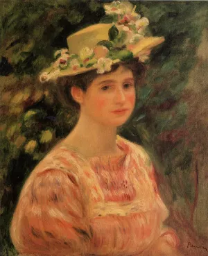 Young Woman Wearing a Hat with Wild Roses painting by Pierre-Auguste Renoir
