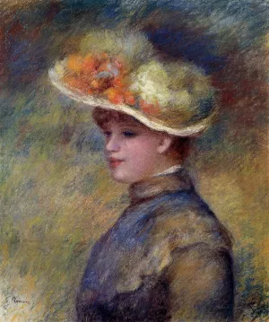 Young Woman Wearing a Hat by Pierre-Auguste Renoir - Oil Painting Reproduction