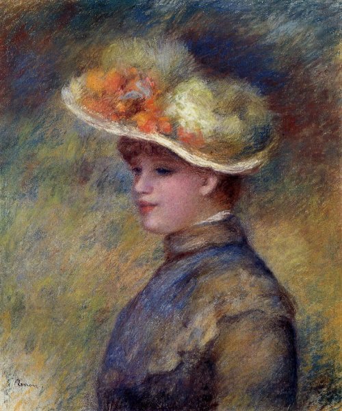 Young Woman Wearing a Hat by Pierre-Auguste Renoir - Hand-Painted Oil Painting Reproduction