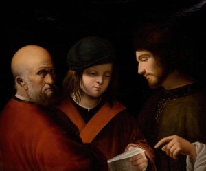 Three Men Reading a Musical Score by Pierre Carloni Oil Painting