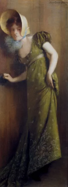 Elegant Woman In A Green Dress by Pierre Carrier-Belleuse Oil Painting