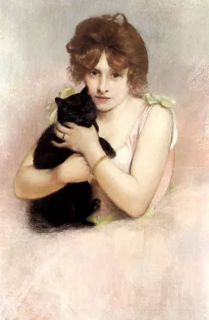 Young Ballerina Holding a Black Cat by Pierre Carrier-Belleuse - Oil Painting Reproduction