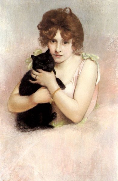 Main Product Photo of Young Ballerina Holding a Black Cat Painting by Pierre Carrier-Belleuse