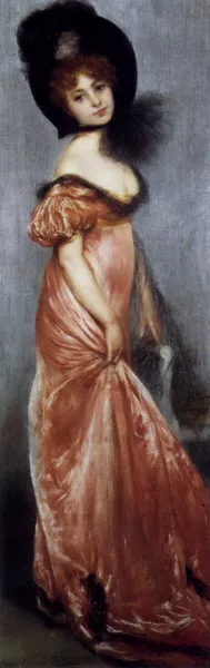 Young Girl in a Pink Dress by Pierre Carrier-Belleuse Oil Painting