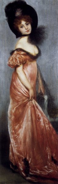 Main Product Photo of Young Girl in a Pink Dress Painting by Pierre Carrier-Belleuse