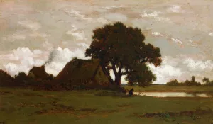 Cottages near a Pond by Pierre Etienne Theodore Rousseau - Oil Painting Reproduction