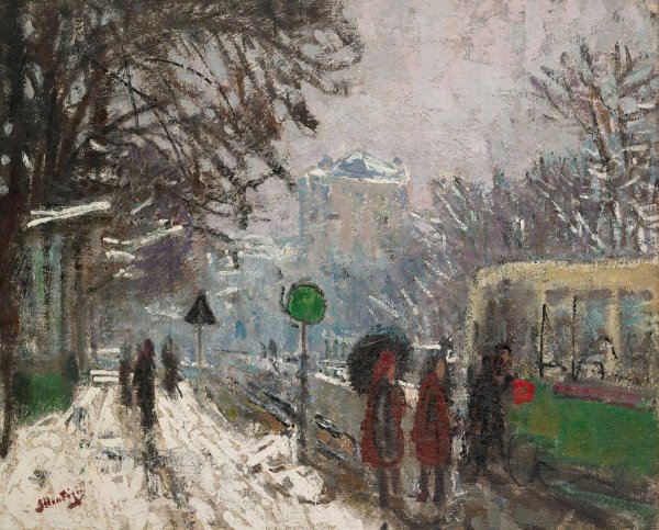 Main Product Photo of Boulevard Bineau Sur La Neige Painting by Pierre-Eugene Montezin