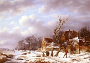 Gathering Wood In A Winter Landscape Oil painting by Pierre Francois De Noter